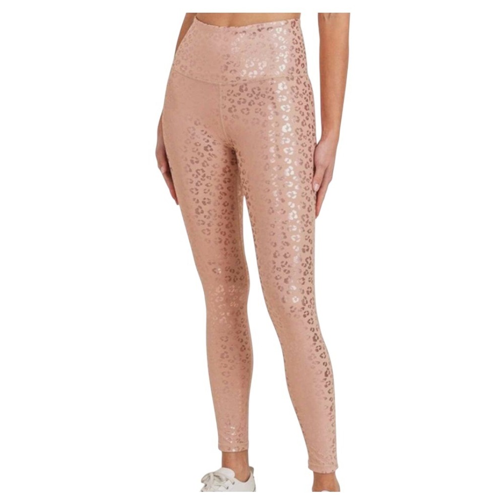 MONO B Blush Pink Leopard Print Shimmer METALLIC ROSE GOLD High Rise Leggings L